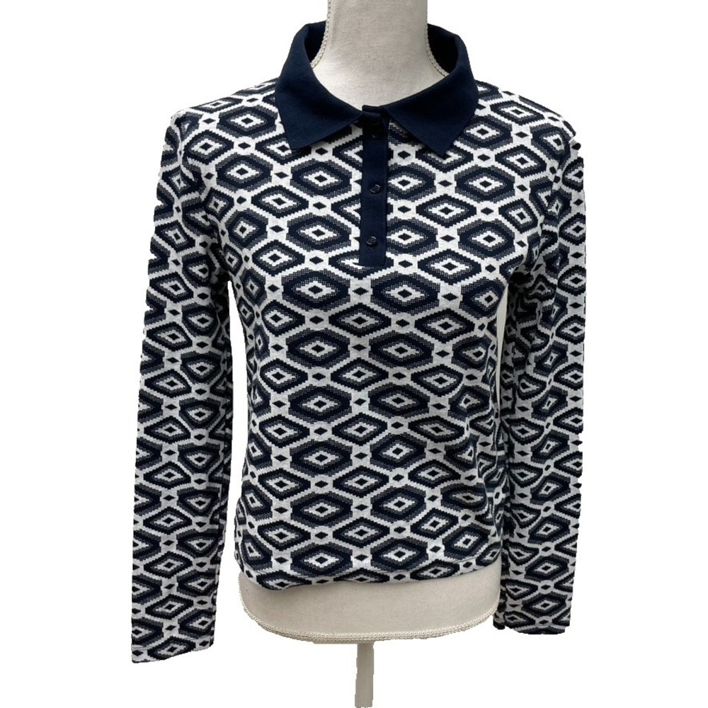 Zara Knit Top Womens Large Blue Diamond Long Sleeve Collar Preppy Teacher